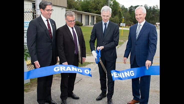 L to R: Rich Rowe, president & CEO, Arkema Inc.; Christophe Andre, executive vice president, advanced materials, Arkema Group; Erwoan Pezron, global president, technical polymers, Arkema Group; Bill Sisson, President & CEO, Mobile Area Chamber of Commerce.