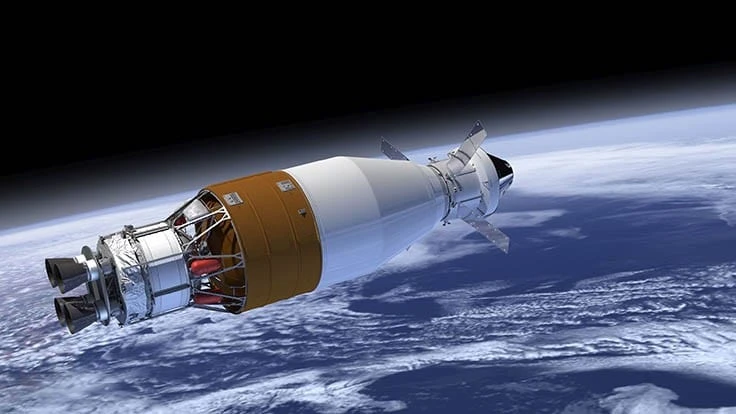 Artist’s rendering shows the Boeing-built Exploration Upper Stage (EUS) powering the Orion crew vehicle in space after separation from the NASA Space Launch System (SLS) rocket’s core stage. 