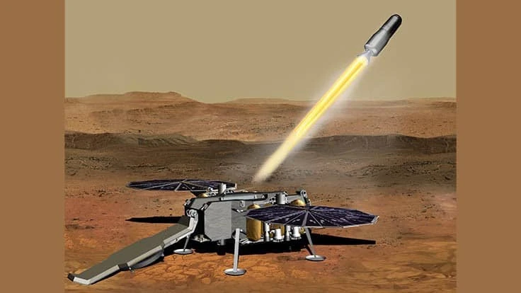 Illustration of how the NASA Mars Ascent Vehicle, carrying tubes containing rock and soil samples, could be launched from the surface of Mars.