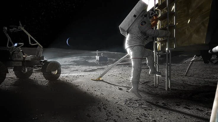 Artist concept of Artemis astronaut stepping onto the moon.