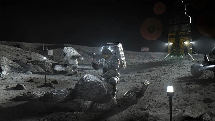 Illustration of Artemis astronauts on the moon.