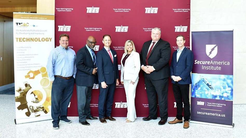 From left are: Jeremy Forsberg, UTA assistant vice president for Research; Rodney Reddic, TMAC interim executive director; Rob Gorham, executive director of manufacturing initiatives, Texas A&M Engineering Experiment Station (TEES) and SecureAmerica Institute executive director; Monica Cortez, TMAC director of operations; Scott Terry, director of community and small business initiatives, SecureAmerica Institute; and Kiley Wren, TEES executive director of office of strategic business development, and SecureAmerica Institute executive associate director.