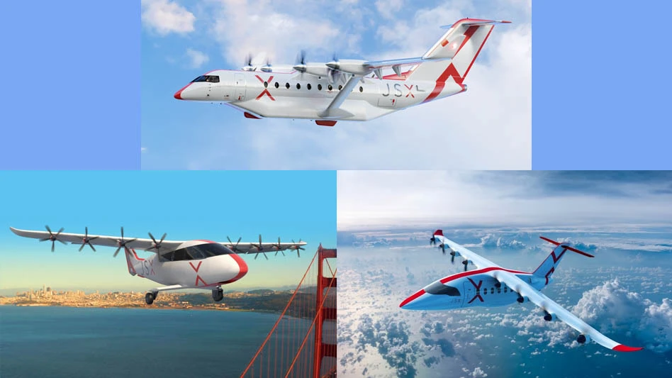 Renderings in JSX livery of (clockwise from top): Heart Aerospace ES-30, Aura Aero Era, Electra eSTOL.